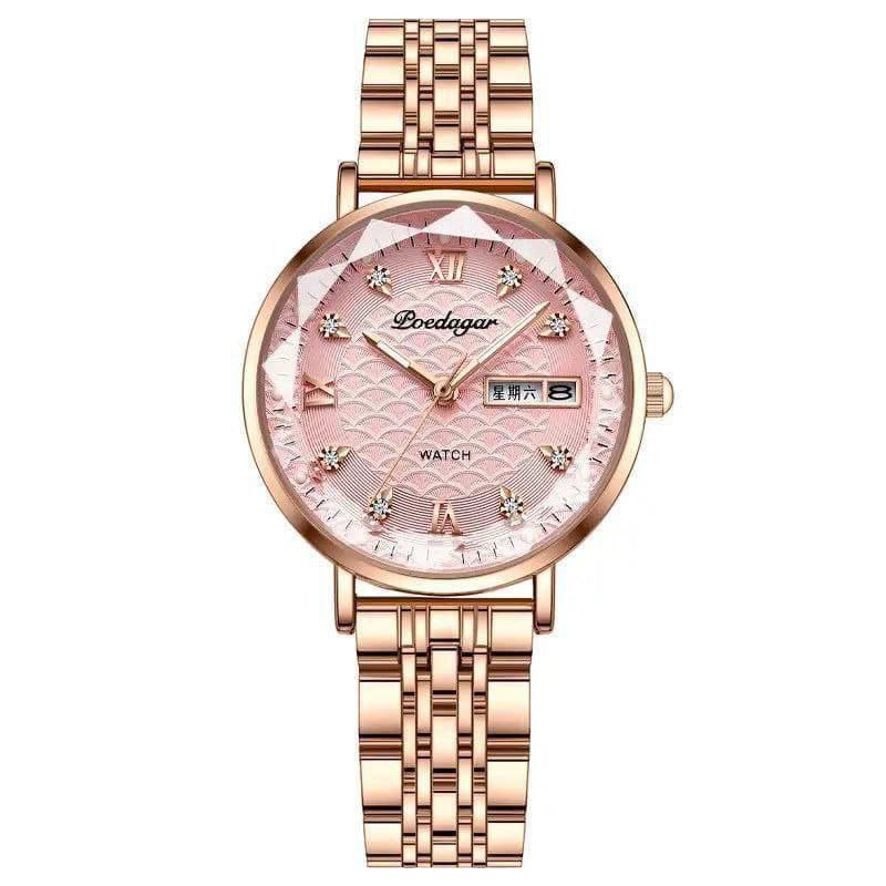 . POEDAGAR LADIES 3011 ROSE GOLD ROSE PINK DAY AND DATE DISPLAY WATER RESISTANT BATTERY POWERED