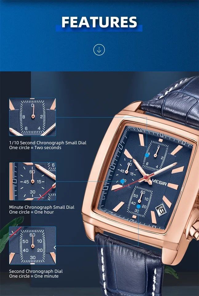 MEGIR LEATHER WATCH + BRANDED BOX DATE DISPLAY BATTERY POWERED CHRONOGRAPH MOVEMENT LUMINOUS ARMS