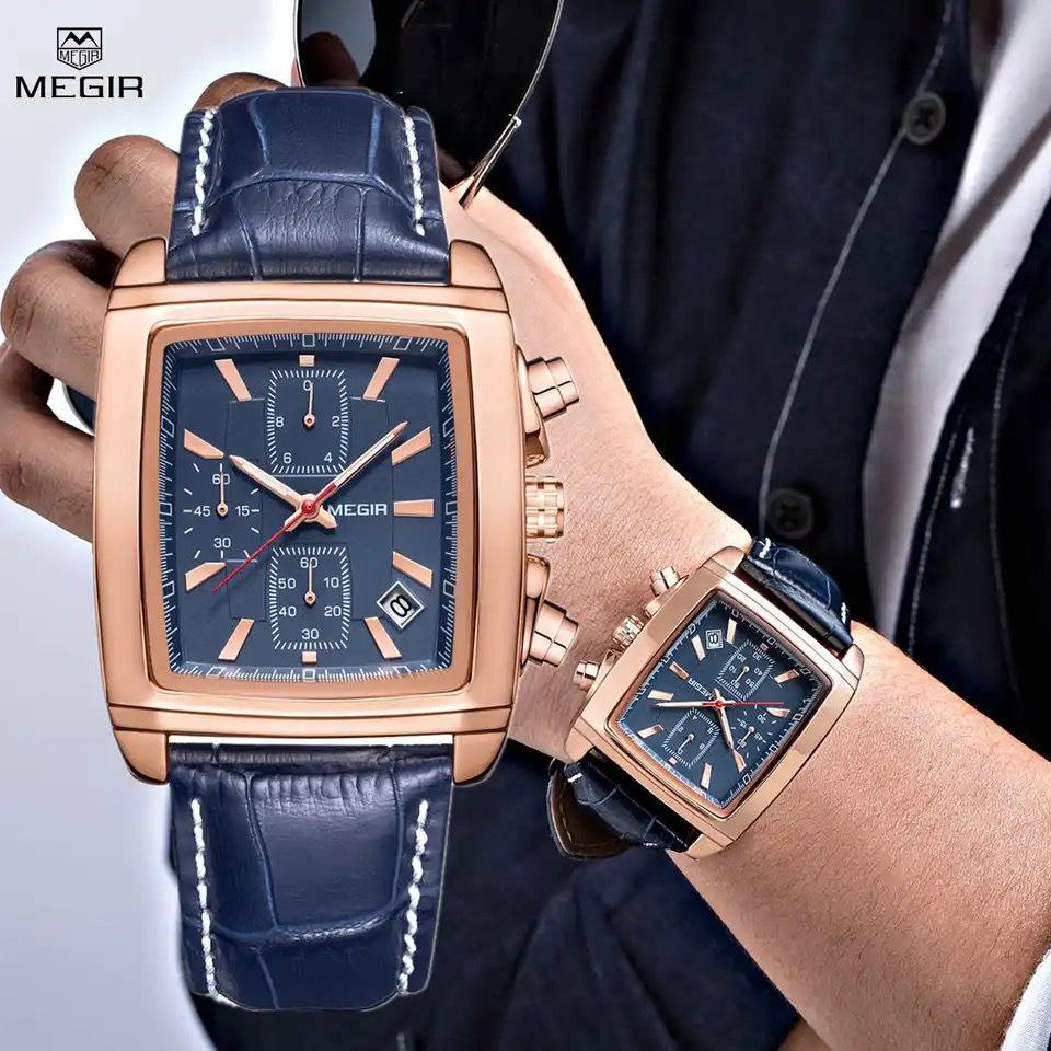 MEGIR LEATHER WATCH + BRANDED BOX DATE DISPLAY BATTERY POWERED CHRONOGRAPH MOVEMENT LUMINOUS ARMS