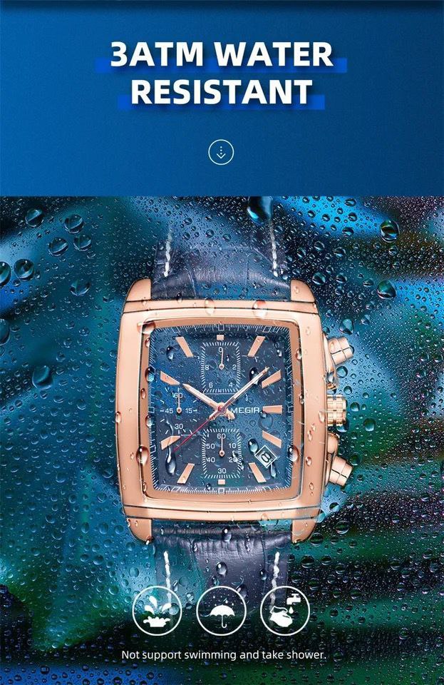 MEGIR LEATHER WATCH + BRANDED BOX DATE DISPLAY BATTERY POWERED CHRONOGRAPH MOVEMENT LUMINOUS ARMS