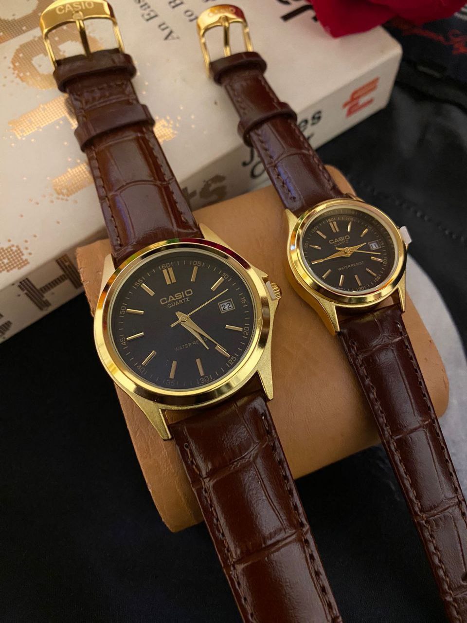 CASIO COUPLE LEATHER STRAP DATE DISPLAY WATER RESISTANT BATTERY POWERED WATER RESISTANT ,3000 A PAIR