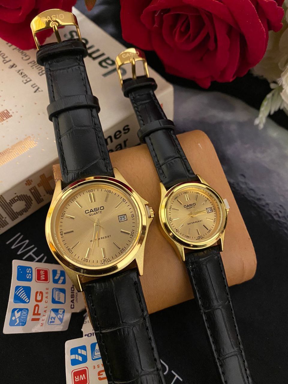 CASIO COUPLE LEATHER STRAP DATE DISPLAY WATER RESISTANT BATTERY POWERED WATER RESISTANT ,3000 A PAIR