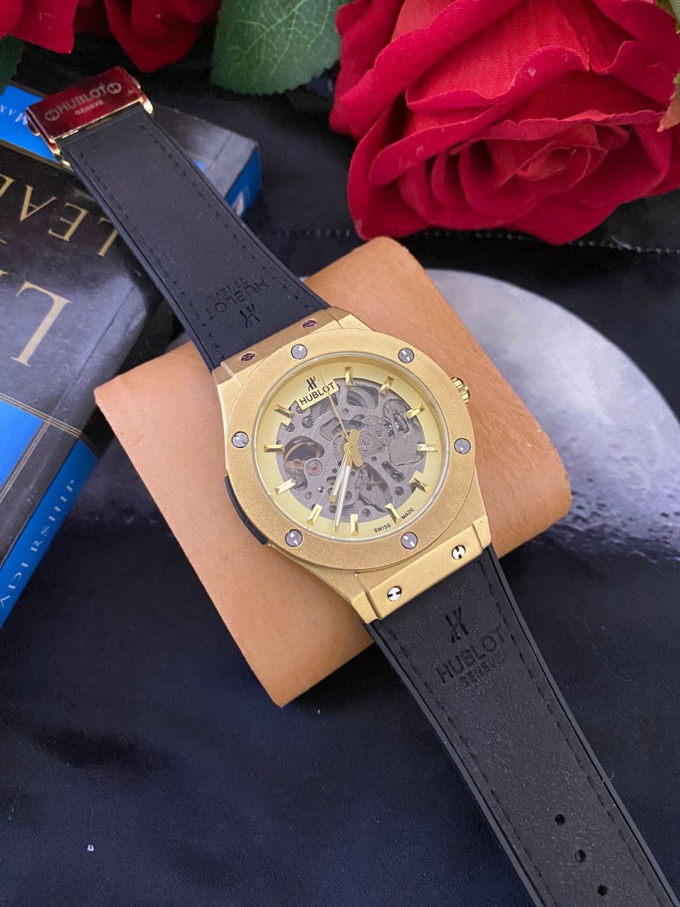 HUBLOT AUTOMATIC SKELETON WATCH AUTOMATIC MOVEMENT SKELETON DESIGN WATER RESISTANT HUBLOT BRANDED BOX