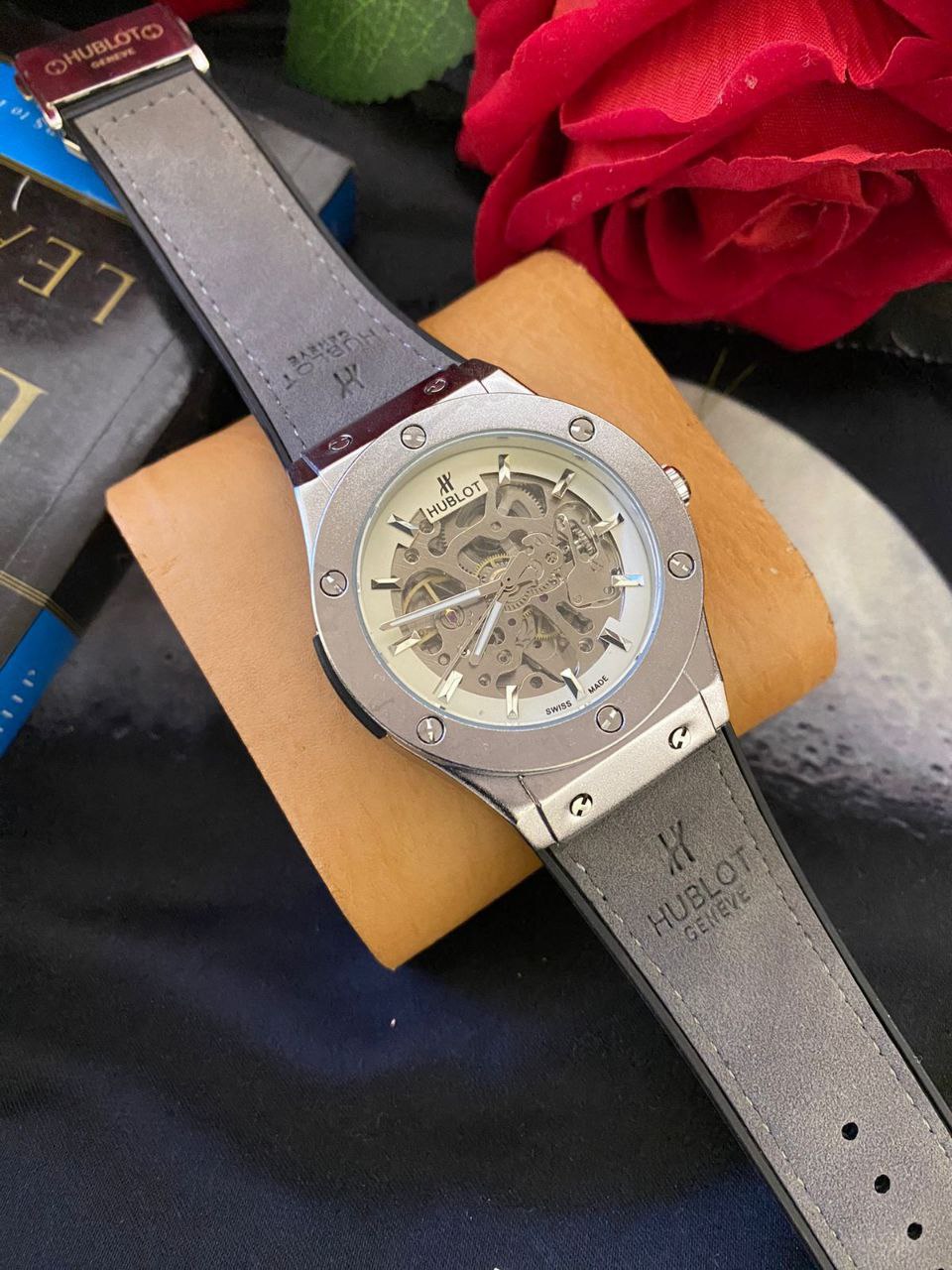 HUBLOT AUTOMATIC SKELETON WATCH AUTOMATIC MOVEMENT SKELETON DESIGN WATER RESISTANT HUBLOT BRANDED BOX