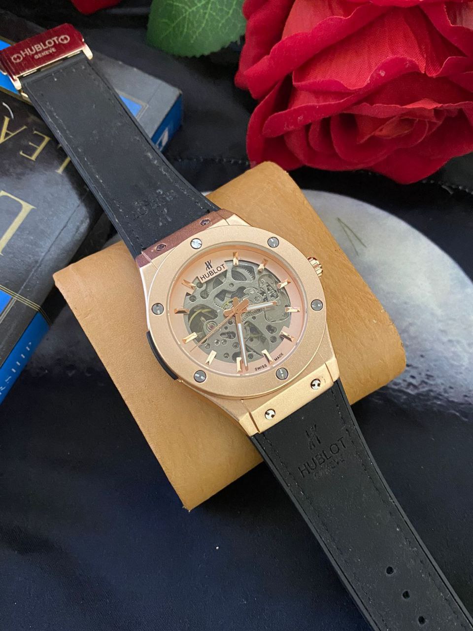 HUBLOT AUTOMATIC SKELETON WATCH AUTOMATIC MOVEMENT SKELETON DESIGN WATER RESISTANT HUBLOT BRANDED BOX