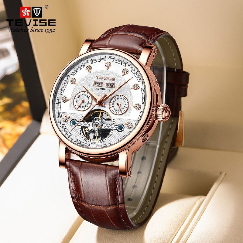 TEVISE AUTOMATIC GENTS WATCH YEAR DISPLAY MONTH DISPLAY DAY&DATE DISPLAY LUMINOUS TOURBILLON MACHINE BLACK NOW BROWN