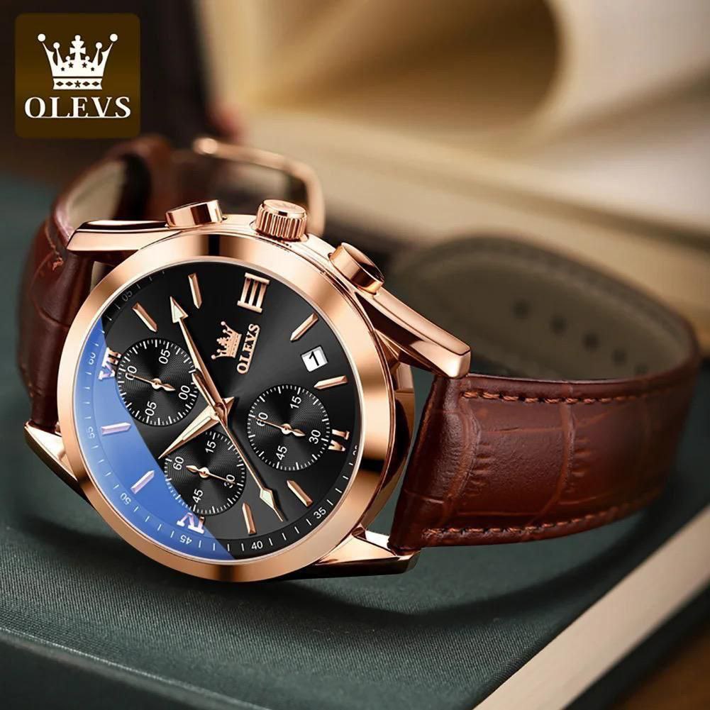 OLEVS LEATHER 2872 DATE DISPLAY WATER RESISTANT BATTERY POWERED WATER RESISTANT CHRONOGRAPH
