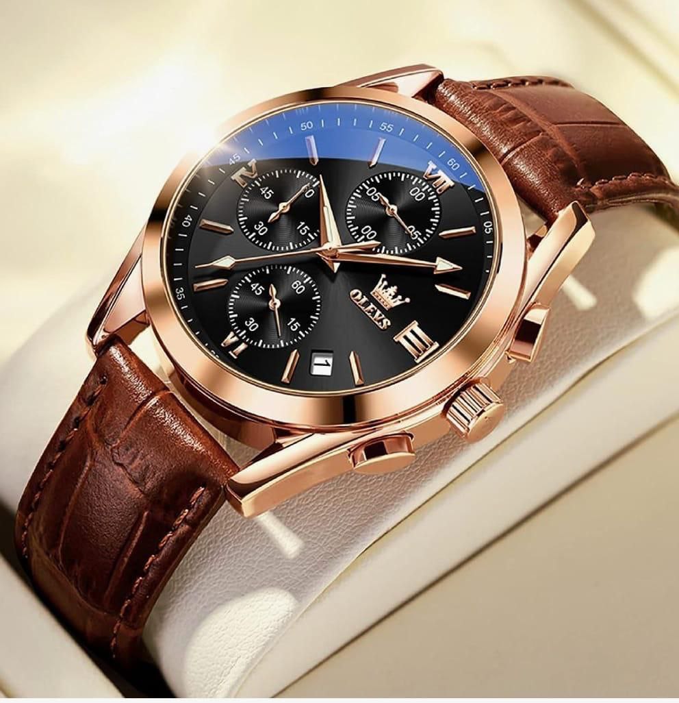 OLEVS LEATHER 2872 DATE DISPLAY WATER RESISTANT BATTERY POWERED WATER RESISTANT CHRONOGRAPH