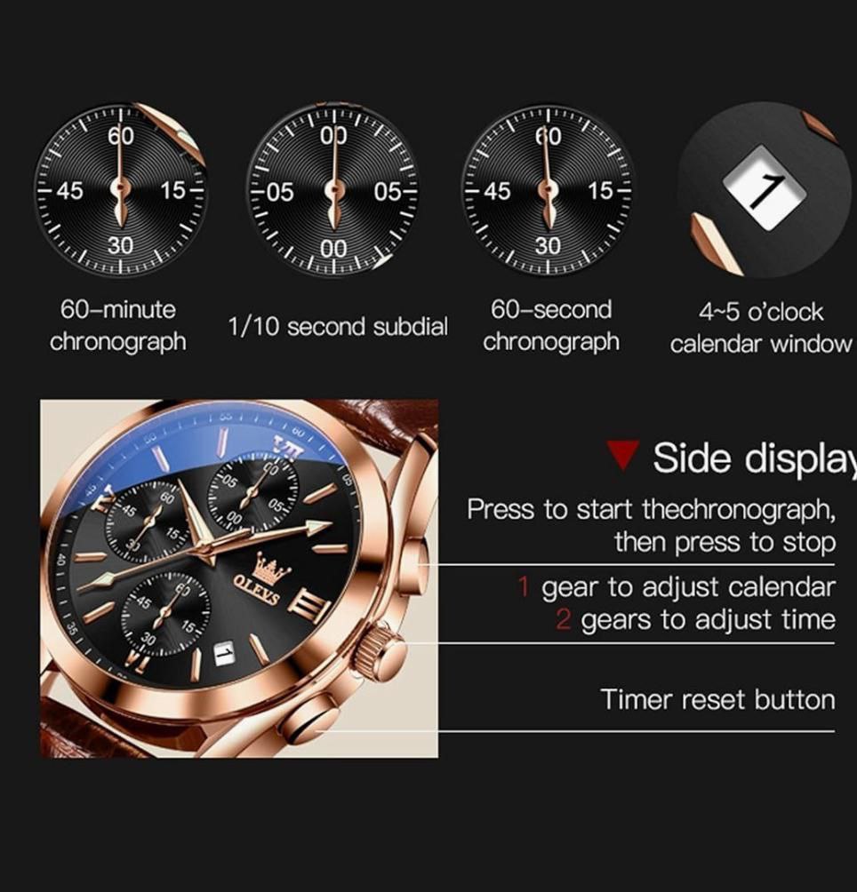 OLEVS LEATHER 2872 DATE DISPLAY WATER RESISTANT BATTERY POWERED WATER RESISTANT CHRONOGRAPH