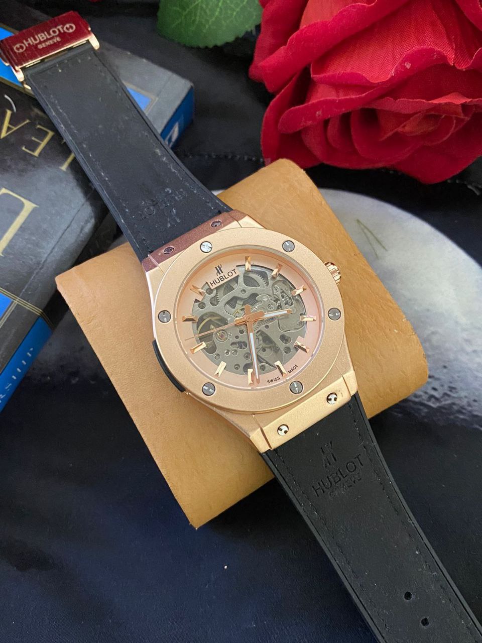 HUBLOT AUTOMATIC SKELETON WATCH AUTOMATIC MOVEMENT SKELETON DESIGN WATER RESISTANT HUBLOT BRANDED BOX