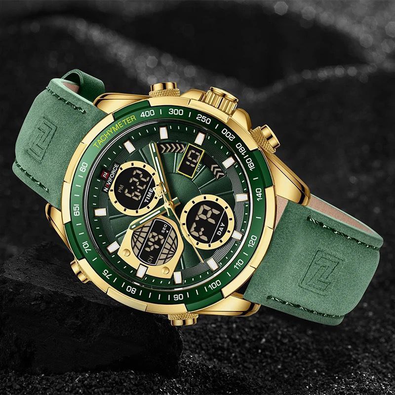 NAVIFORCE GENTS WATCH #NF 9197 ANALOGUE & DIGITAL DISPLAY LIGHT BUTTON WATER RESISTANT BATTERY POWERED BLUE BLACK DARK BROWN GREEN GOLD GREEN SILVER NAVIFORCE BRANDED BOX