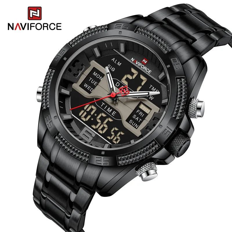 NAVIFORCE GENTS WATCH #NF 9201 ANALOGUE & DIGITAL DISPLAY LIGHT BUTTON WATER RESISTANT BATTERY POWERED BLACK BLUE NAVIFORCE BRANDED BOX ENQUIRIES