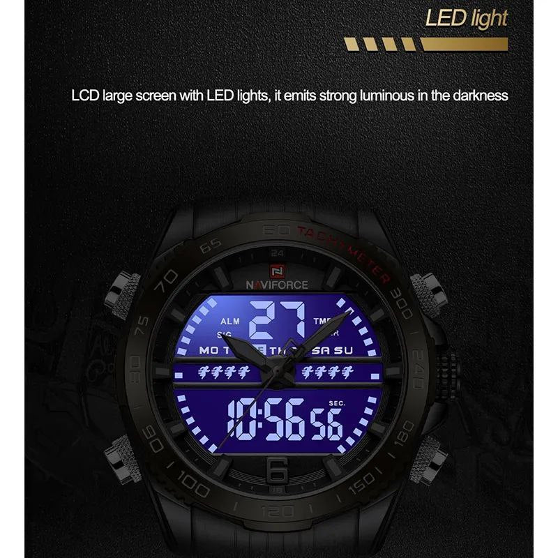 NAVIFORCE GENTS WATCH #NF 9195 ANALOGUE & DIGITAL DISPLAY LIGHT BUTTON WATER RESISTANT BATTERY POWERED BLACK GOLD SILVER-BLUE NAVIFORCE BRANDED BOX ENQUIRIES