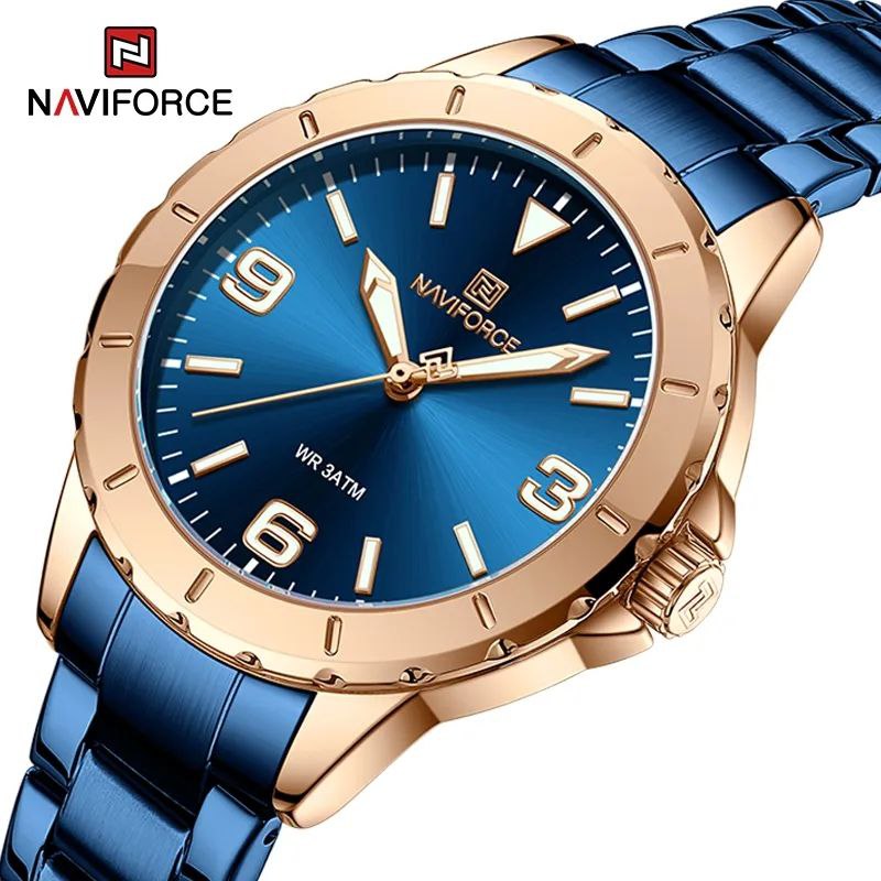 NAVIFORCE LADIES #NF 5022 DATE DISPLAY WATER RESISTANT 50 ATM STAINLESS STEEL LUMINOUS FUNCTION BLUE ROSE GOLD BLACK GOLD-GREEN SILVER NAVIFORCE BRANDED BOX ENQUIRIES