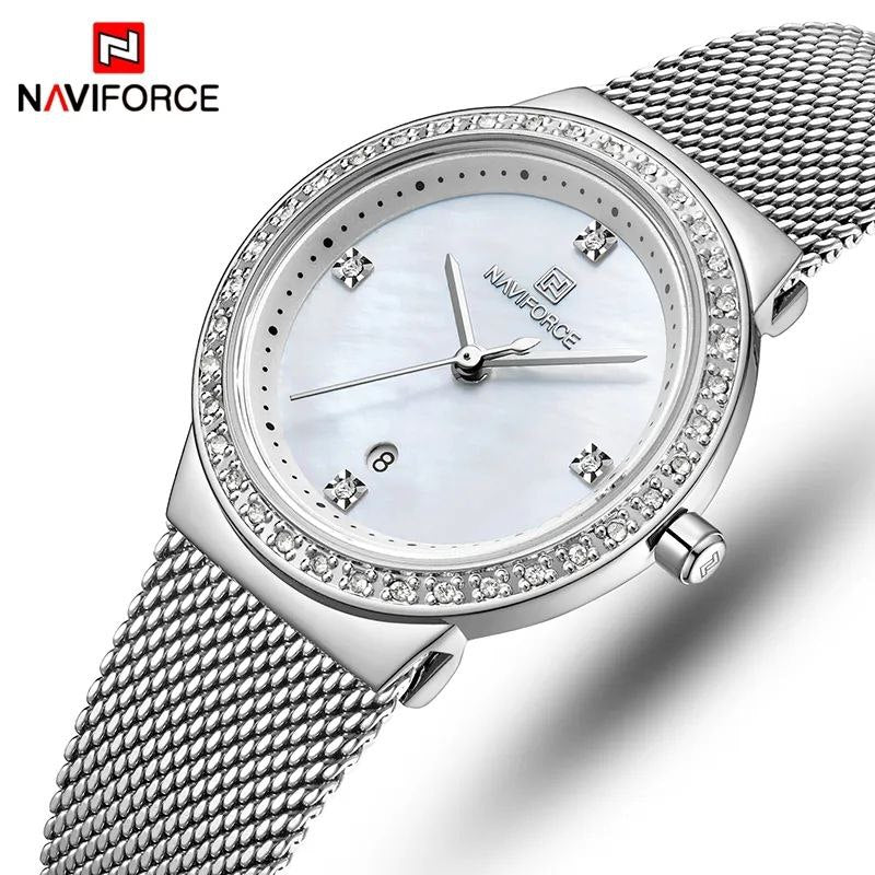 NAVIFORCE LADIES #NF 5005 DATE DISPLAY WATER RESISTANT ADJUSTABLE MESH STRAP SILVER BLUE ROSE GOLD NAVIFORCE BRANDED BOX ENQUIRIES