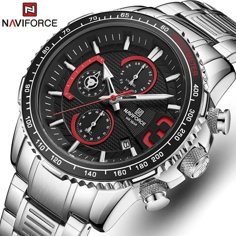 NAVIFORCE GENTS WATCH #NF 8017 DATE DISPLAY LUMINOUS WATER RESISTANT BATTERY POWERED CHRONOGRAPH FUNCTION SILVER-GREEN SILVER-BLUE SILVER-RED NAVIFORCE BRANDED BOX ENQUIRIES