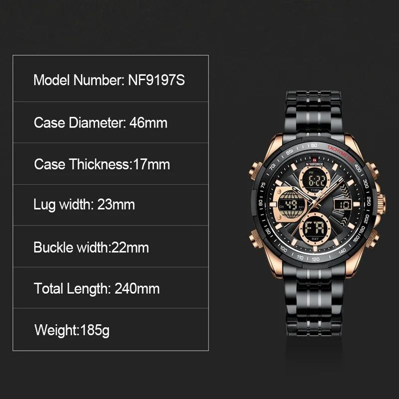 NAVIFORCE GENTS WATCH #NF 9197 (METALLIC) ANALOGUE & DIGITAL DISPLAY LIGHT BUTTON WATER RESISTANT BATTERY POWERED BLACK NAVIFORCE BRANDED BOX