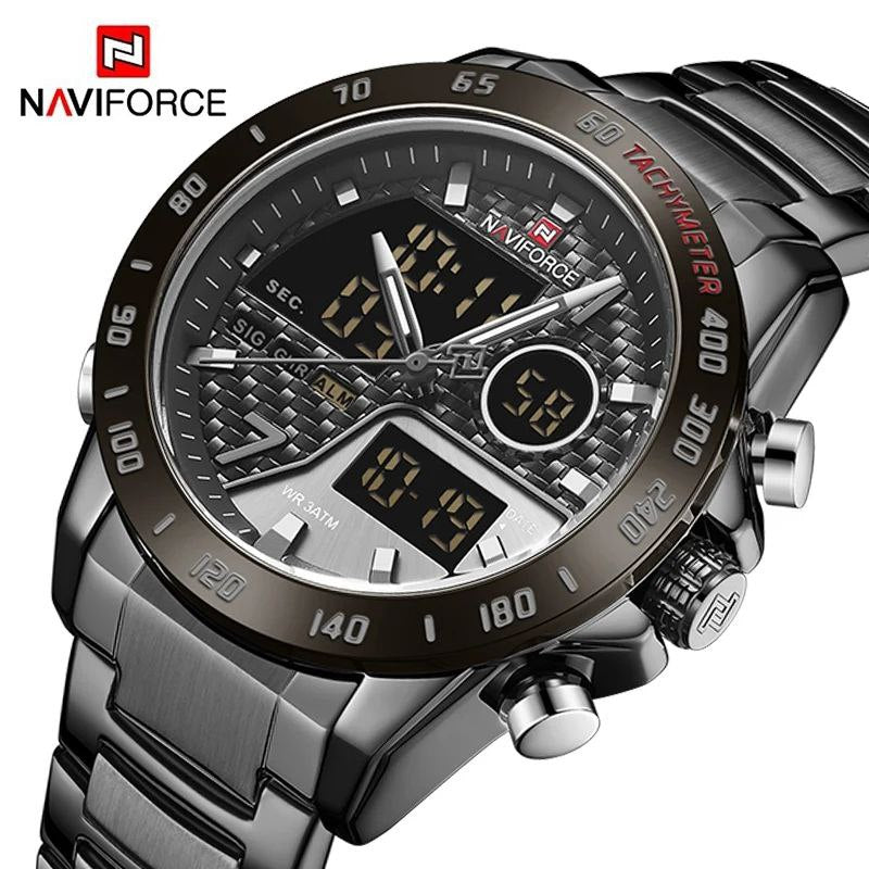 NAVIFORCE GENTS WATCH #NF 9171 ANALOGUE & DIGITAL DISPLAY LIGHT BUTTON WATER RESISTANT BATTERY POWERED BLACK SILVER-BLUE NAVIFORCE BRANDED BOX ENQUIRIES