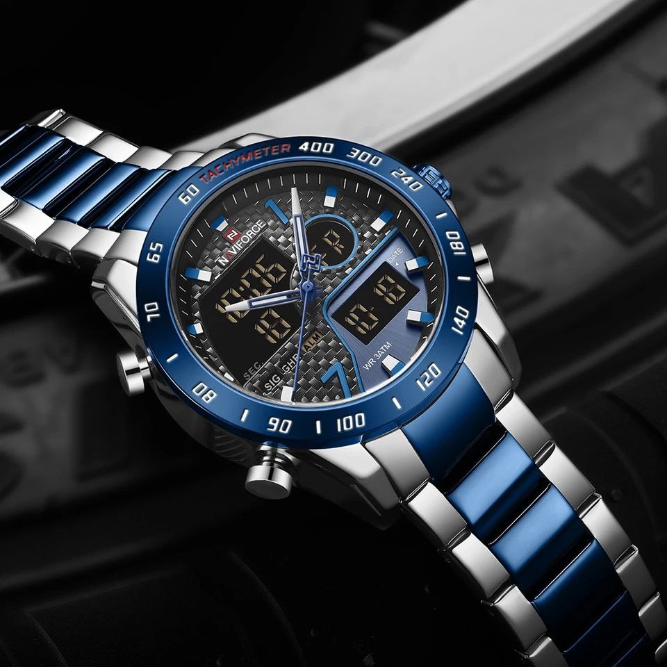 NAVIFORCE GENTS WATCH #NF 9171 ANALOGUE & DIGITAL DISPLAY LIGHT BUTTON WATER RESISTANT BATTERY POWERED BLACK SILVER-BLUE NAVIFORCE BRANDED BOX ENQUIRIES