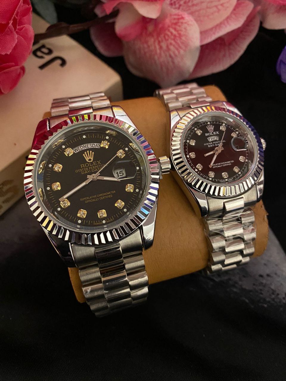 COUPLE ROLEX DAY AND DATE DISPLAY BATTERY POWERED A PAIR SINGLE ROLEX BRANDED BOX