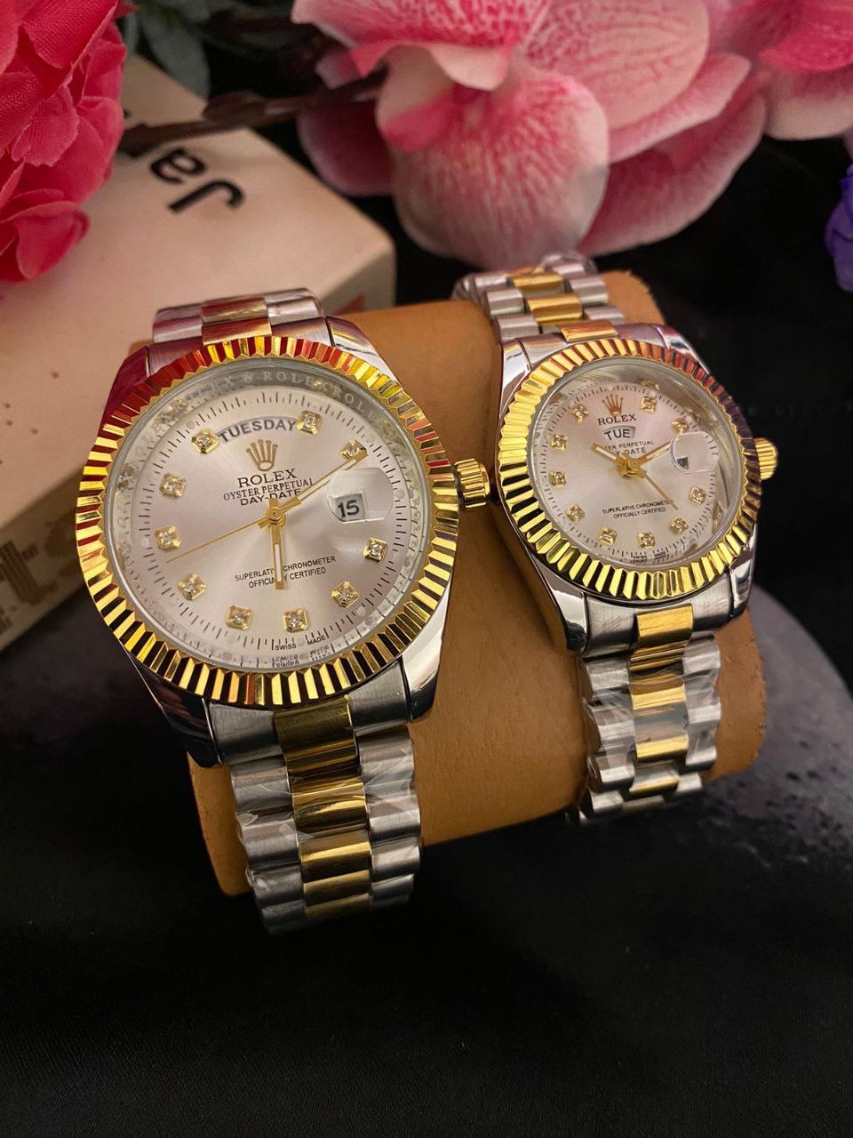 COUPLE ROLEX DAY AND DATE DISPLAY BATTERY POWERED A PAIR SINGLE ROLEX BRANDED BOX