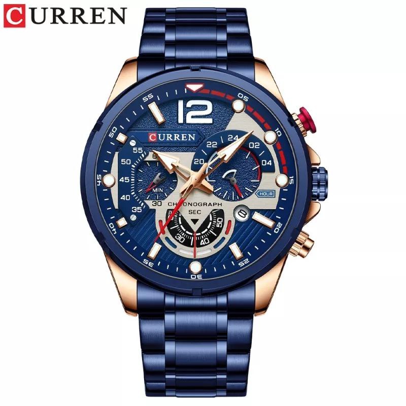 CURREN CHRONOGRAPH GENTS WATCH #8329 WATER RESISTANT CHRONOGRAPH MOVEMENT DATE DISPLAY BATTERY POWERED LUMINOUS CURREN BRANDED BOX ENQUIRIES