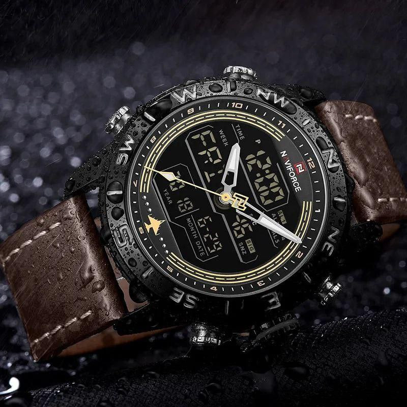 NAVIFORCE GENTS WATCH #NF 9144 ANALOGUE & DIGITAL DISPLAY LIGHT BUTTON WATER RESISTANT BATTERY POWERED BROWN BLACK BLUE DARK-BROWN NAVIFORCE BRANDED BOX
