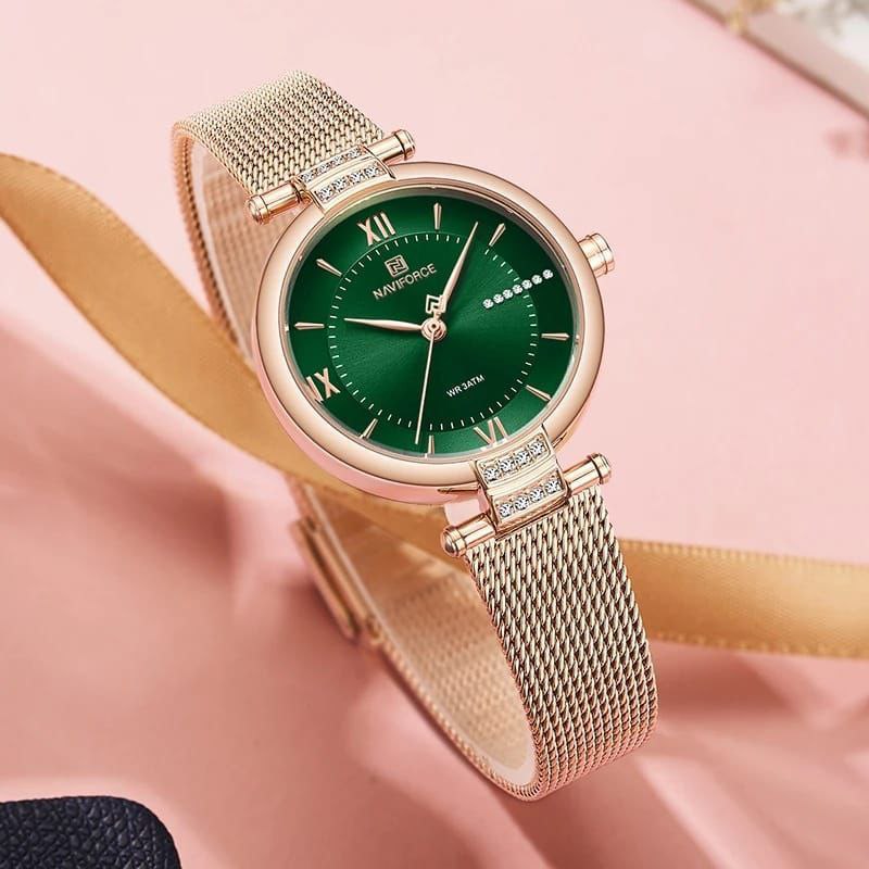 NAVIFORCE LADIES #NF5019 ADJUSTABLE MESH STRAP WATER RESISTANT SILVER ROSE-BLUE ROSE-GREEN NAVIFORCE BRANDED BOX ENQUIRIES