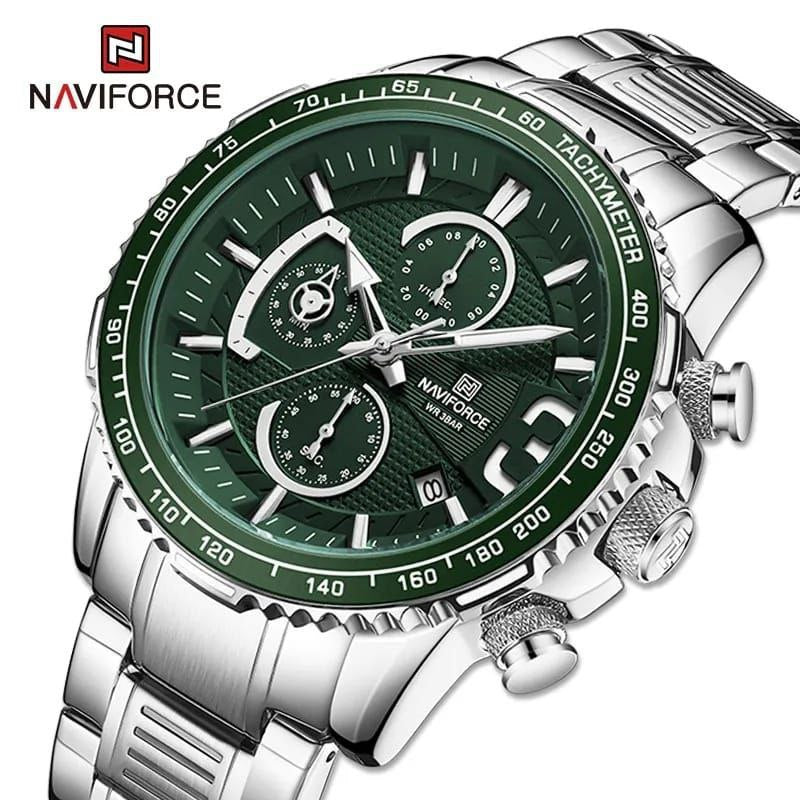 #NAVIFORCE GENTS WATCH #NF 8017 DATE DISPLAY LUMINOUS WATER RESISTANT BATTERY POWERED CHRONOGRAPH FUNCTION SILVER-GREEN SILVER-BLUE SILVER-RED ENQUIRIES