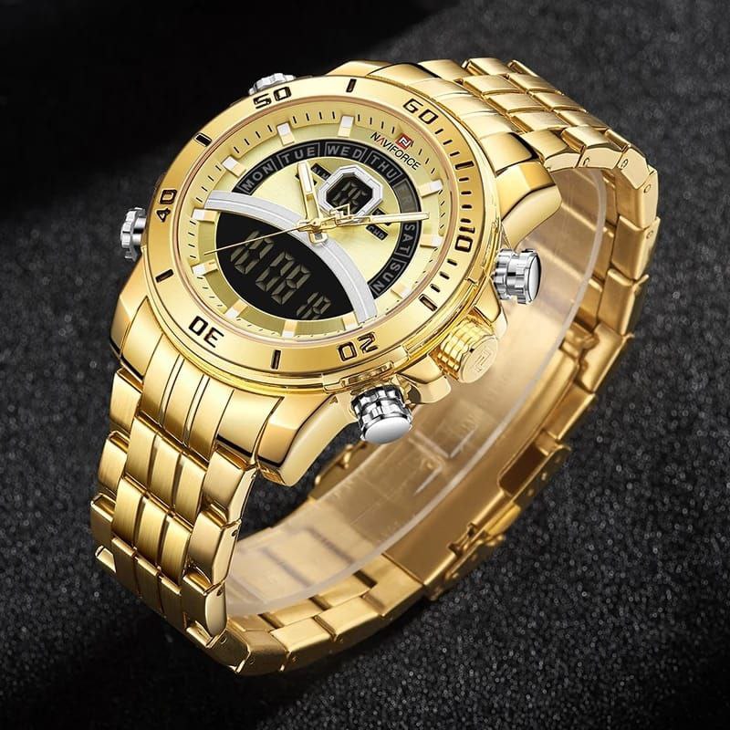 #NAVIFORCE GENTS WATCH #NF 9181 ANALOGUE & DIGITAL DISPLAY LIGHT BUTTON WATER RESISTANT BATTERY POWERED BLACK GOLD SILVER ENQUIRIES