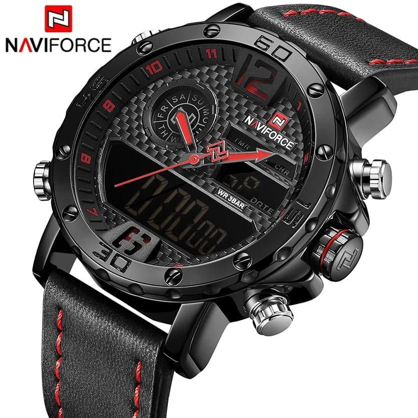 #NAVIFORCE GENTS WATCH #NF 9134 ANALOGUE & DIGITAL DISPLAY LIGHT BUTTON WATER RESISTANT BATTERY POWERED BLACK-RED BROWN BLACK