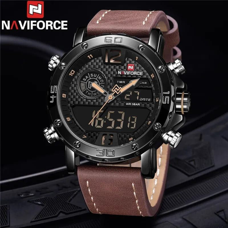 #NAVIFORCE GENTS WATCH #NF 9134 ANALOGUE & DIGITAL DISPLAY LIGHT BUTTON WATER RESISTANT BATTERY POWERED BLACK-RED BROWN BLACK