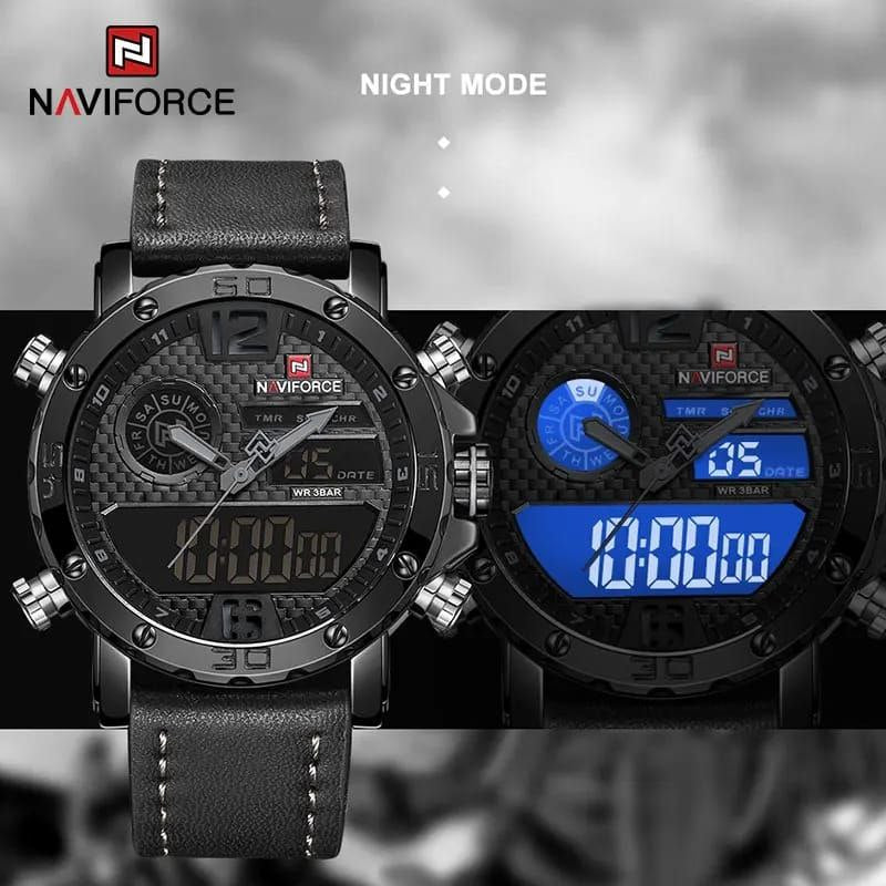 #NAVIFORCE GENTS WATCH #NF 9134 ANALOGUE & DIGITAL DISPLAY LIGHT BUTTON WATER RESISTANT BATTERY POWERED BLACK-RED BROWN BLACK