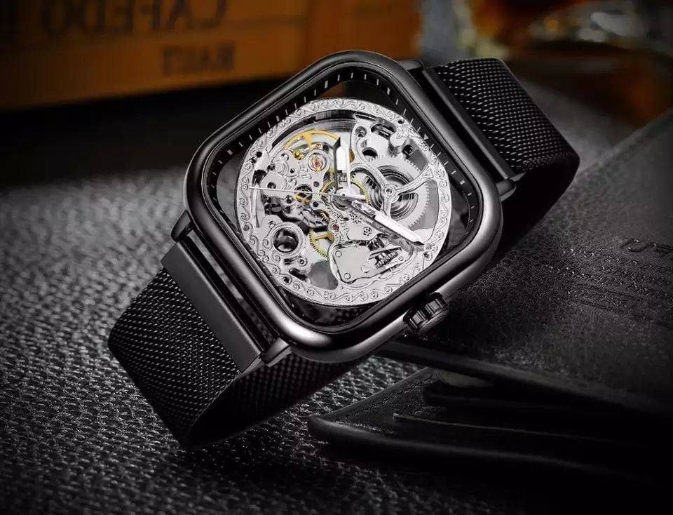 FORSINING AUTOMATIC SKELETON WATCH GOLD BLACK SILVER MESH STRAP WATER RESISTANT STAINLESS STEEL AUTOMATIC MOVEMENT COMES A BRANDED GIFT BOX