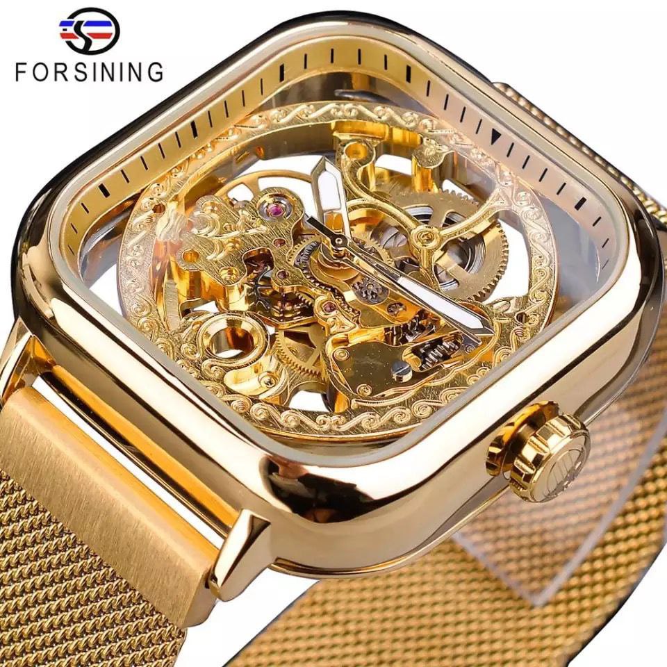 FORSINING AUTOMATIC SKELETON WATCH GOLD BLACK SILVER MESH STRAP WATER RESISTANT STAINLESS STEEL AUTOMATIC MOVEMENT COMES A BRANDED GIFT BOX