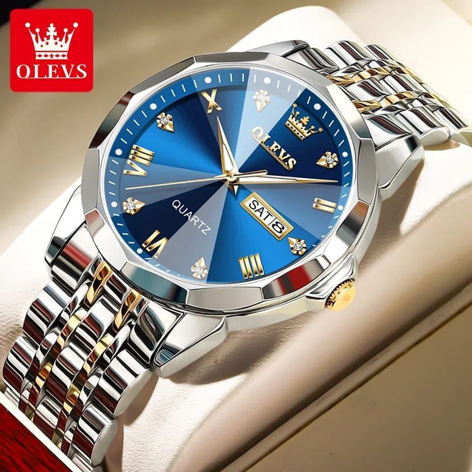 #OLEVS MEN WATCH DAY AND DATE DISPLAY STAINLESS STEEL WATER RESISTANT LUMINOUS FUNCTION OLEVS BRANDED BOX