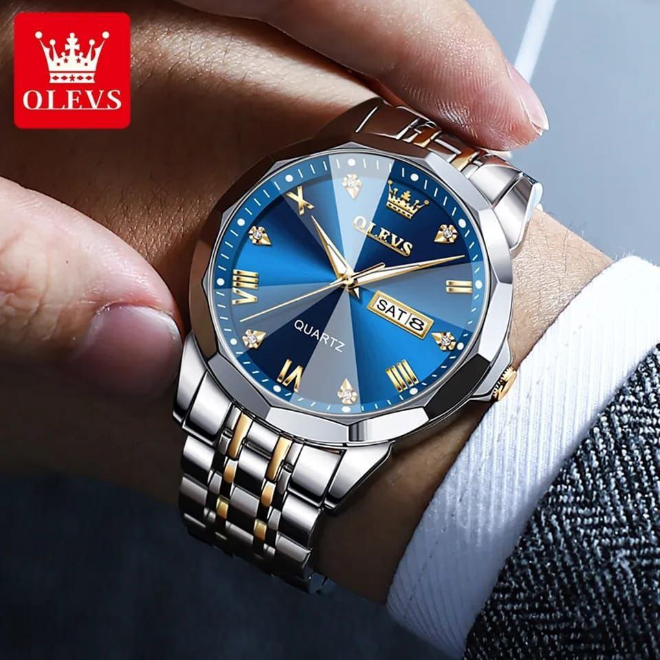 #OLEVS MEN WATCH DAY AND DATE DISPLAY STAINLESS STEEL WATER RESISTANT LUMINOUS FUNCTION OLEVS BRANDED BOX