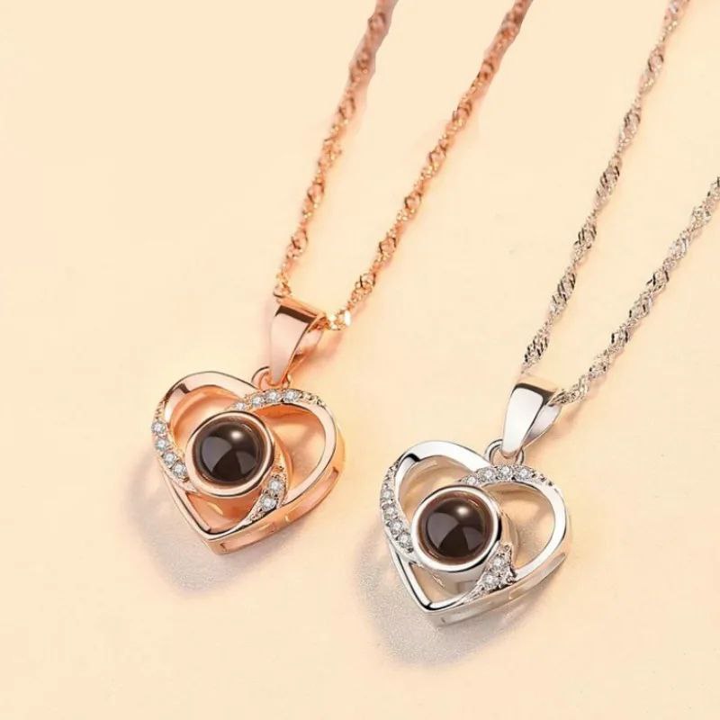 BEST WISHES GIFT PACKAGE I LOVE YOU NECKLACE 100 LANGUAGES PRESERVED ROSE DRAWER BOX BAG GIFT CARD ROSE GOLD & SILVER NECKLACE