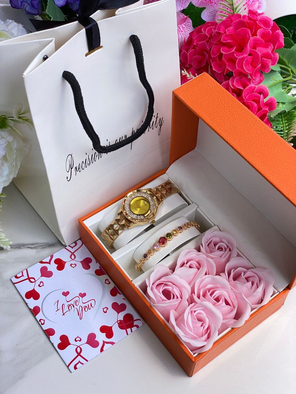 FLORAL GIFT SET PRESERVED ROSES WATCH BRACELET LOVE CARD GIFT BAG ENQUIRIES 0712-995-975
