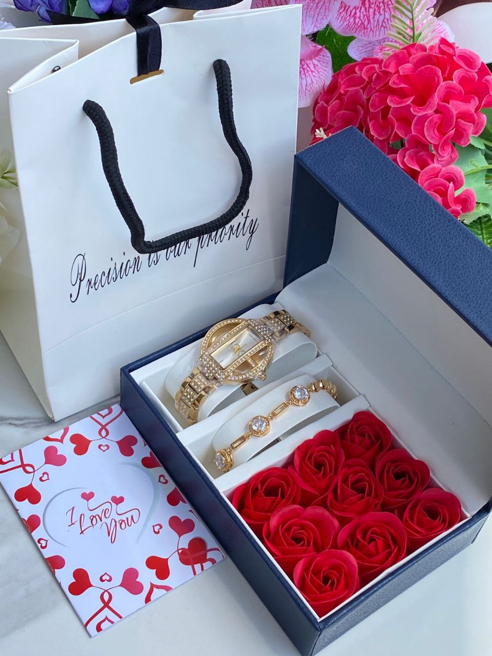 FLORAL GIFT SET PRESERVED ROSES WATCH BRACELET LOVE CARD GIFT BAG ENQUIRIES 0712-995-975