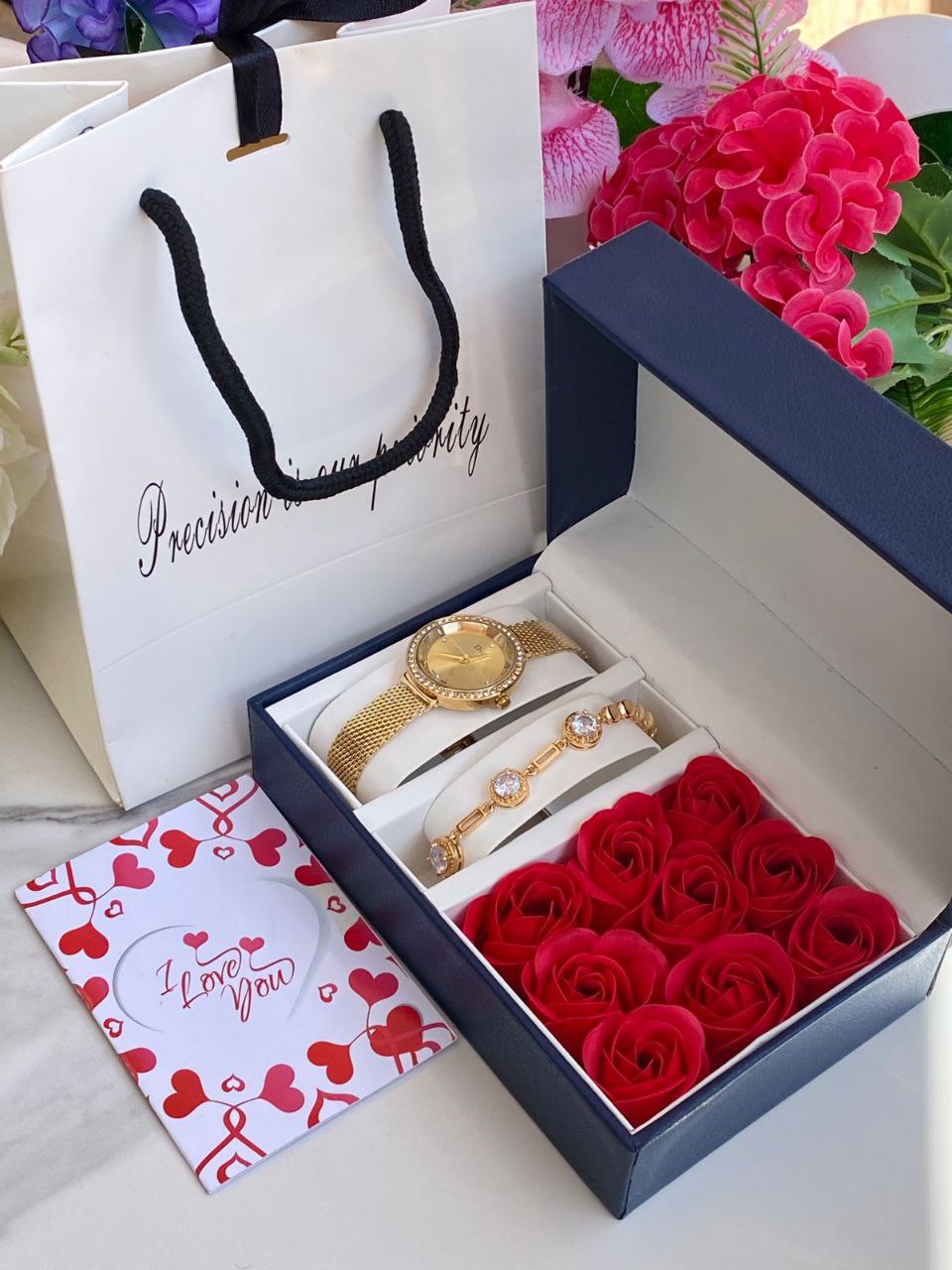 FLORAL GIFT SET PRESERVED ROSES WATCH BRACELET LOVE CARD GIFT BAG ENQUIRIES 0712-995-975