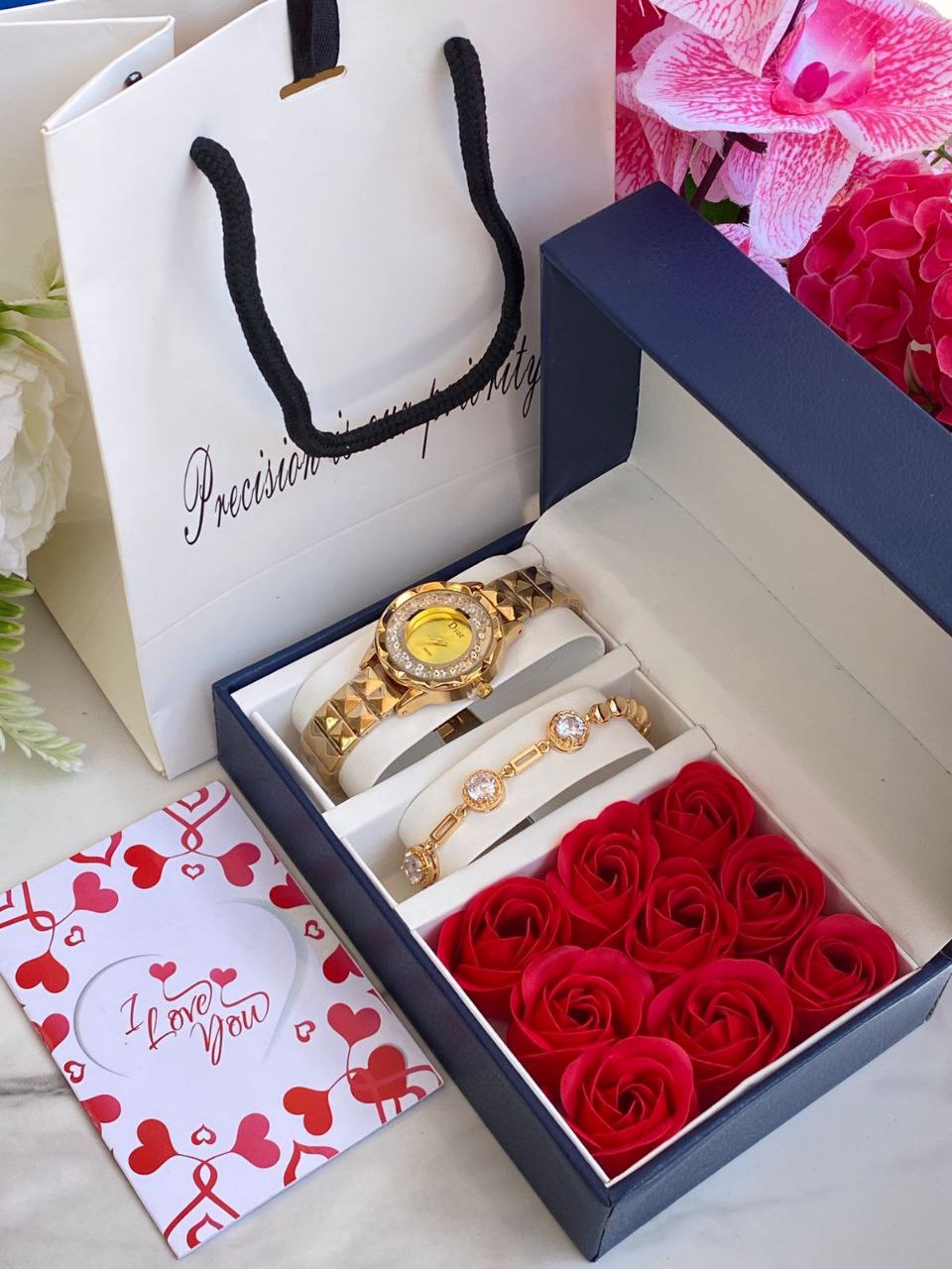 FLORAL GIFT SET PRESERVED ROSES WATCH BRACELET LOVE CARD GIFT BAG ENQUIRIES 0712-995-975