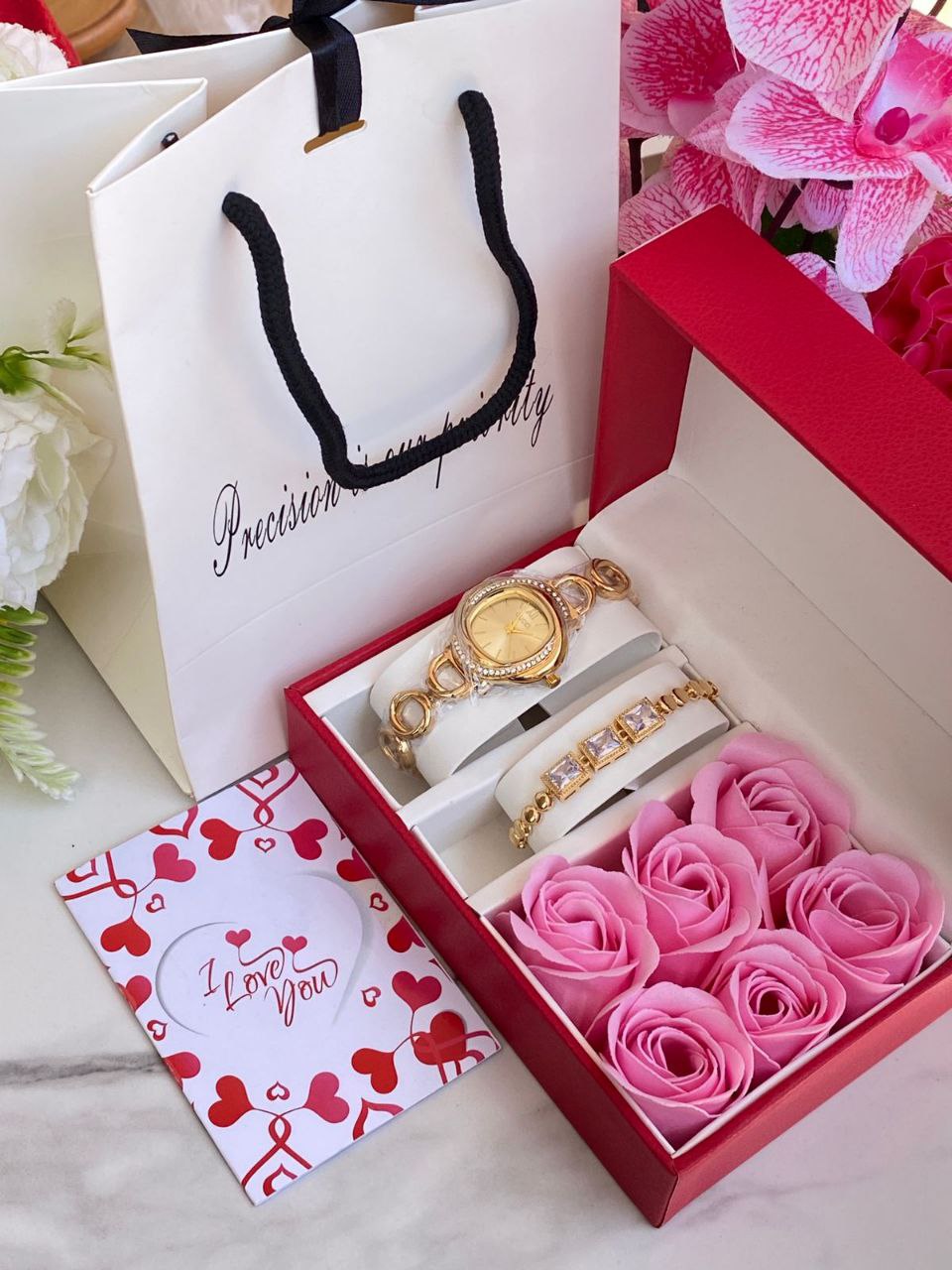 FLORAL GIFT SET PRESERVED ROSES WATCH BRACELET LOVE CARD GIFT BAG ENQUIRIES 0712-995-975