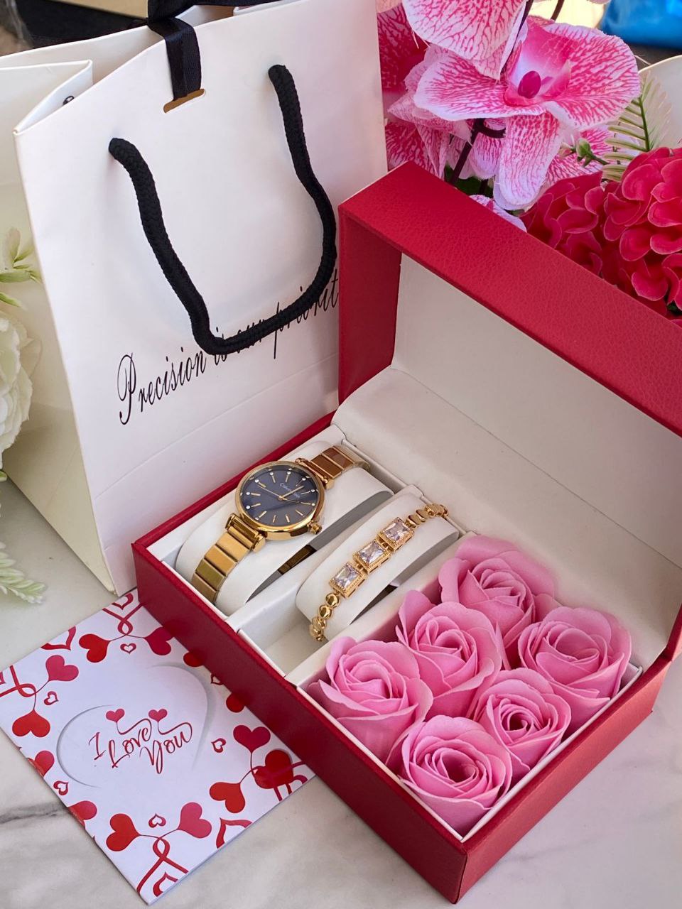 FLORAL GIFT SET PRESERVED ROSES WATCH BRACELET LOVE CARD GIFT BAG ENQUIRIES 0712-995-975