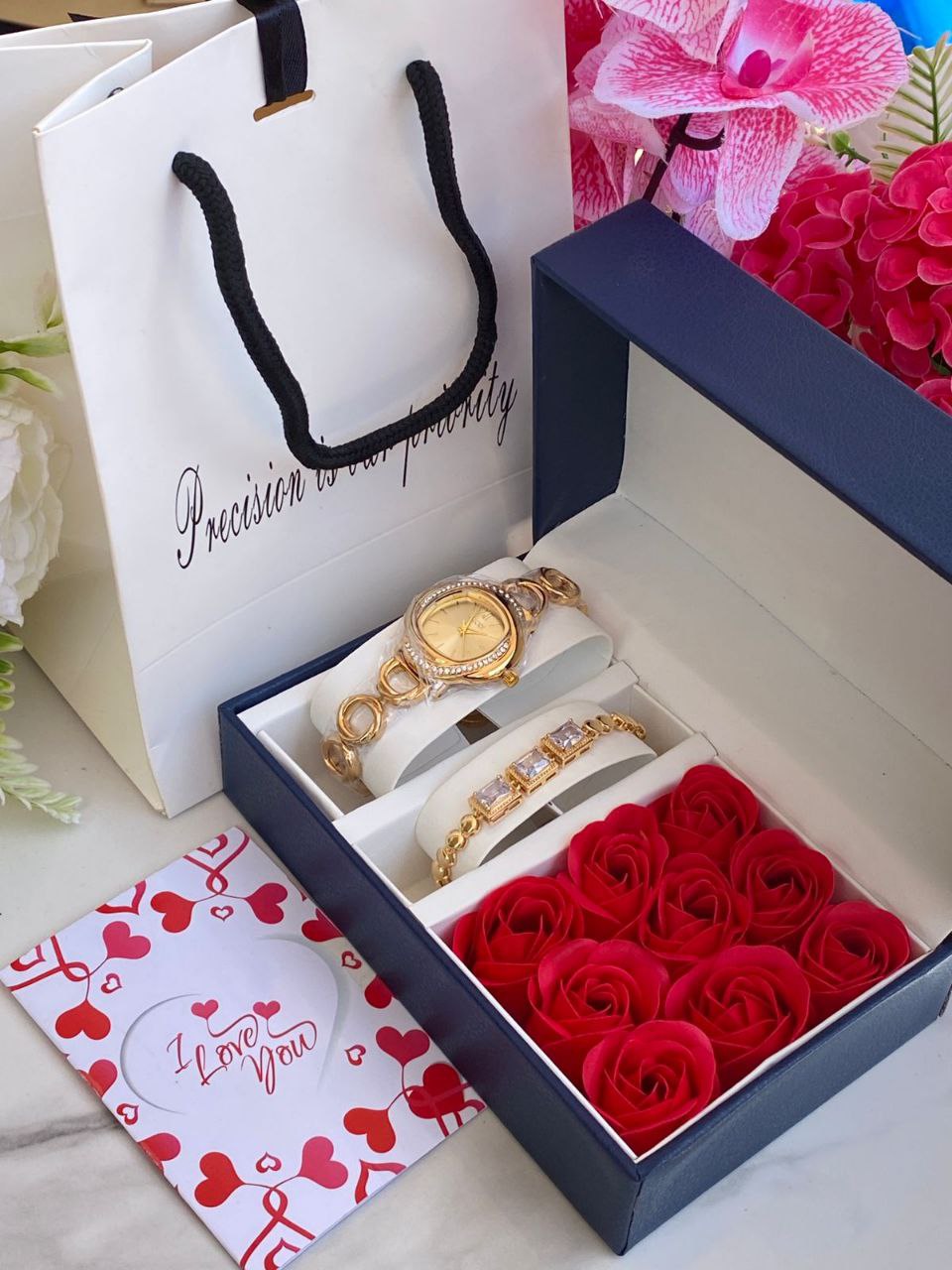 FLORAL GIFT SET PRESERVED ROSES WATCH BRACELET LOVE CARD GIFT BAG ENQUIRIES 0712-995-975
