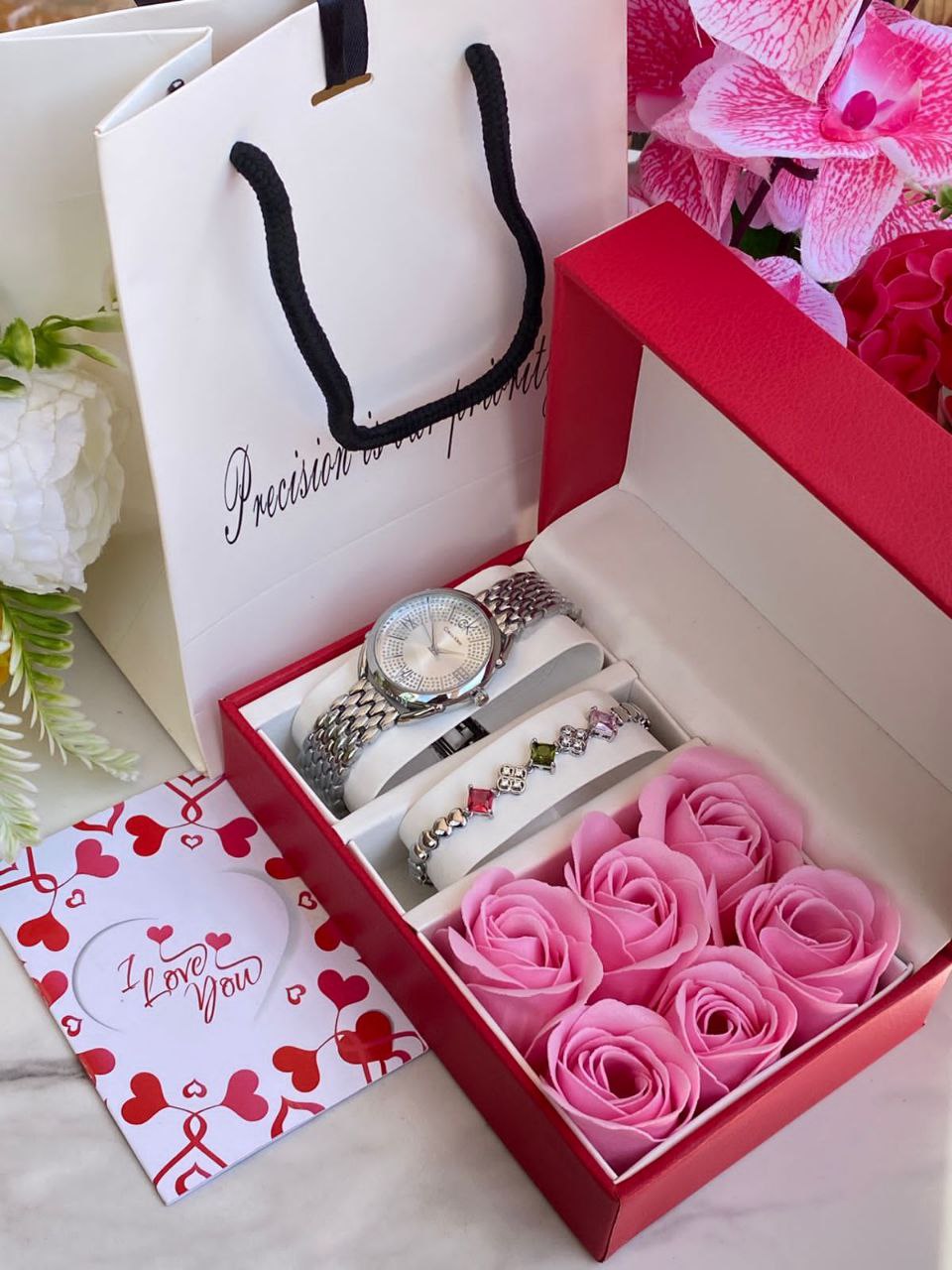 FLORAL GIFT SET PRESERVED ROSES WATCH BRACELET LOVE CARD GIFT BAG ENQUIRIES 0712-995-975