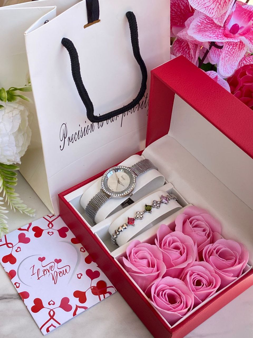 FLORAL GIFT SET PRESERVED ROSES WATCH BRACELET LOVE CARD GIFT BAG ENQUIRIES 0712-995-975