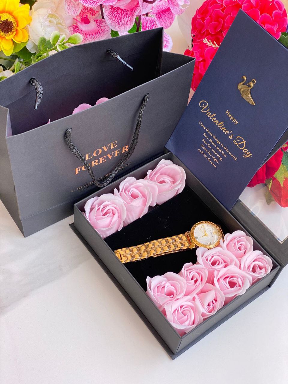 LOVE FOREVER GIFT SET WATCH BOX & ROSES BAG CARD