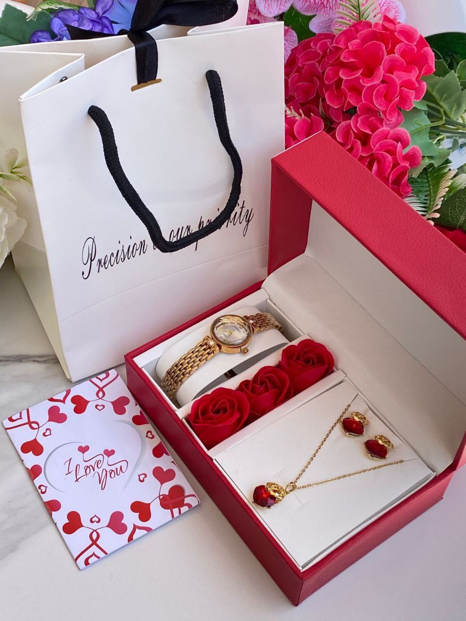 FLORAL GIFT SET PRESERVED ROSES WATCH NECKLACE EARRINGS LOVE CARD GIFT BAG ENQUIRIES 0712-995-975
