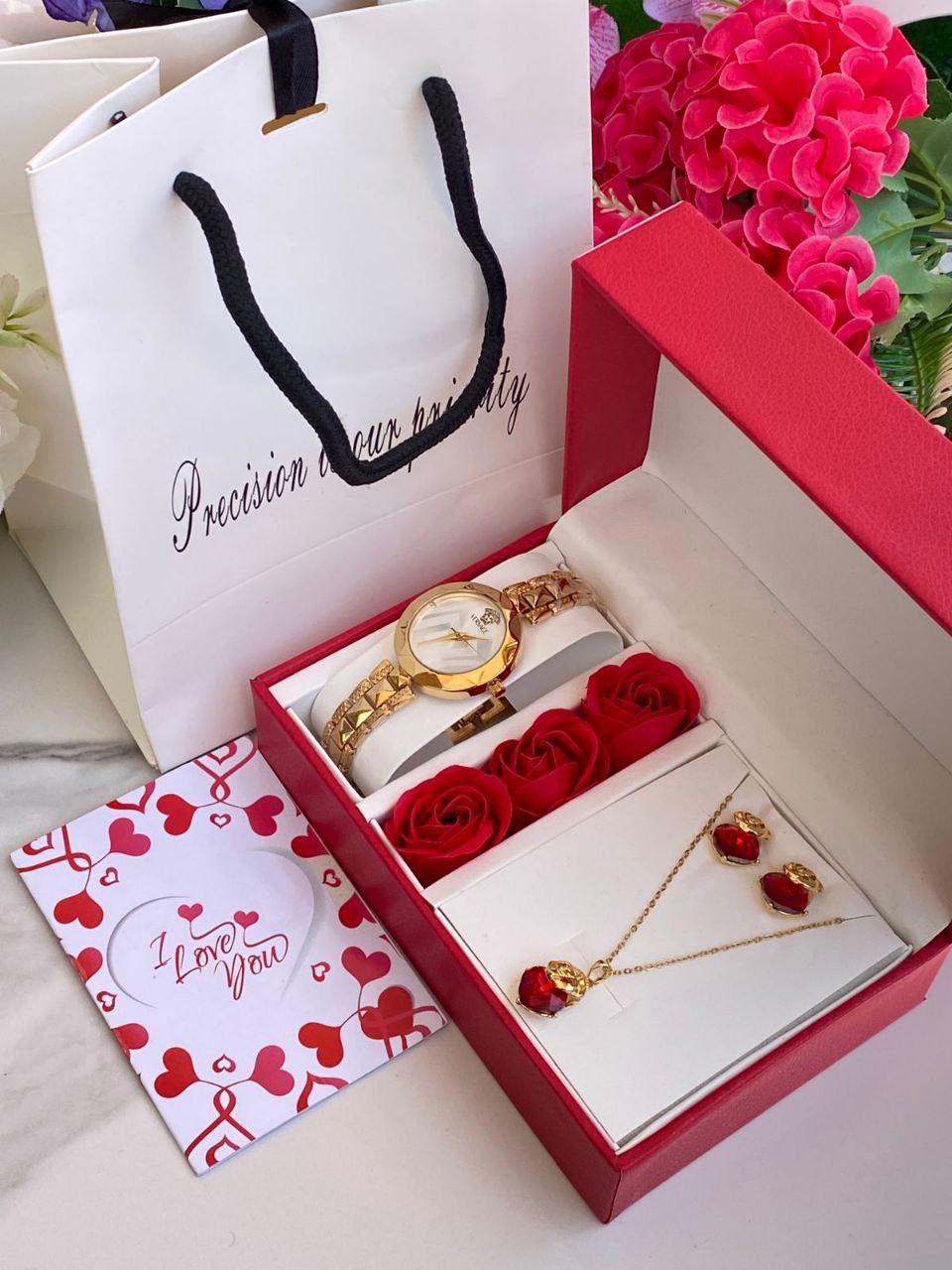 FLORAL GIFT SET PRESERVED ROSES WATCH NECKLACE EARRINGS LOVE CARD GIFT BAG ENQUIRIES 0712-995-975